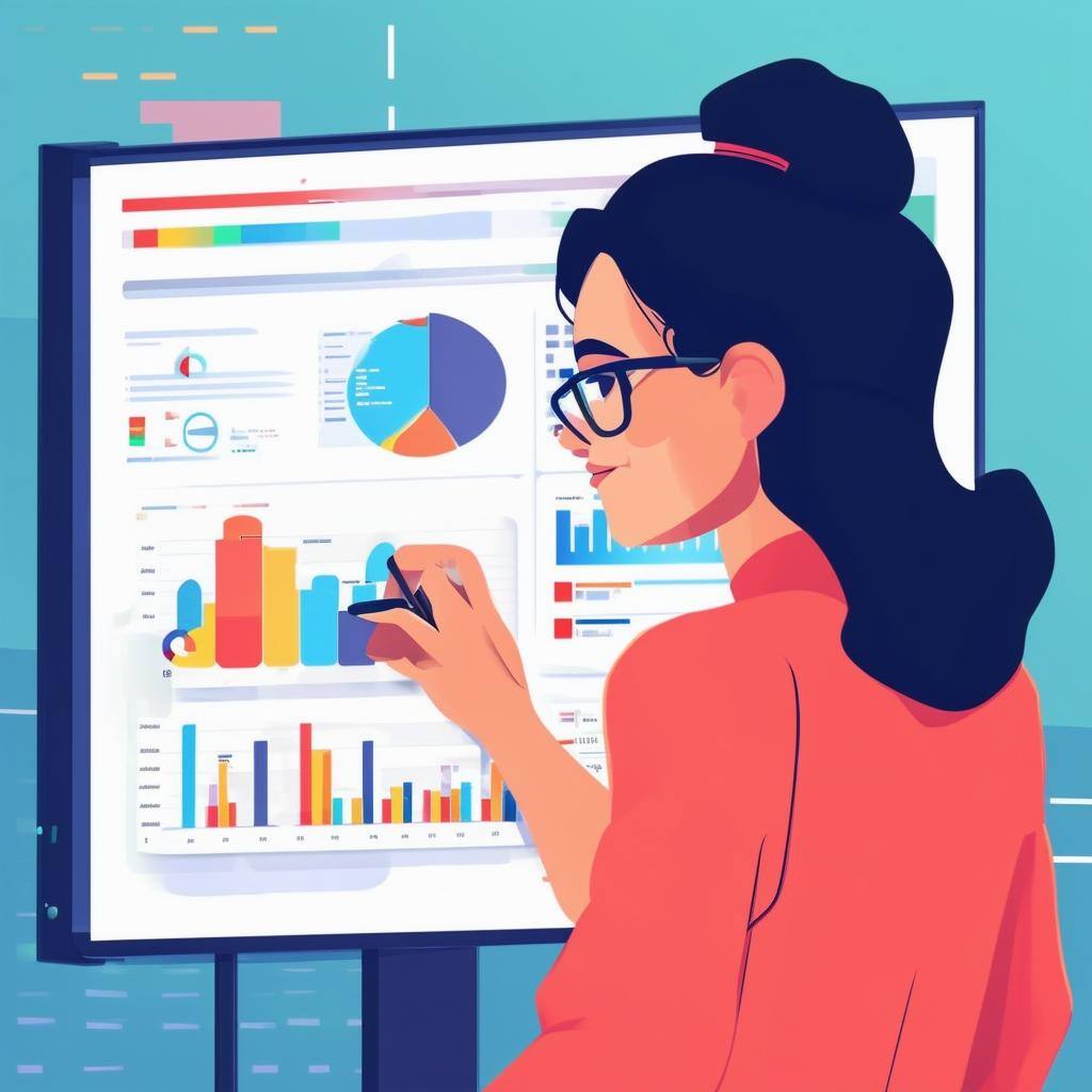 Professional digital marketing expert analyzing data cartoonized female