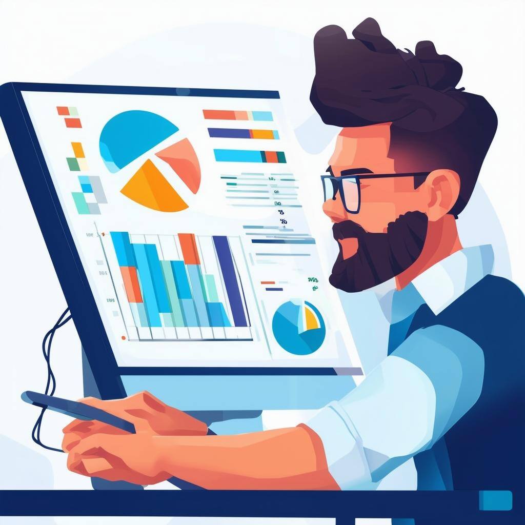 Professional digital marketing expert analyzing data cartoonized